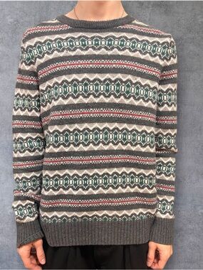 Sonoma Gray Fair Isle Crewneck Sweater with Green and Red Accents